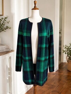 Talbots Green Blue Plaid Merino Wool Open Front Long Cardigan Black Trim NWT